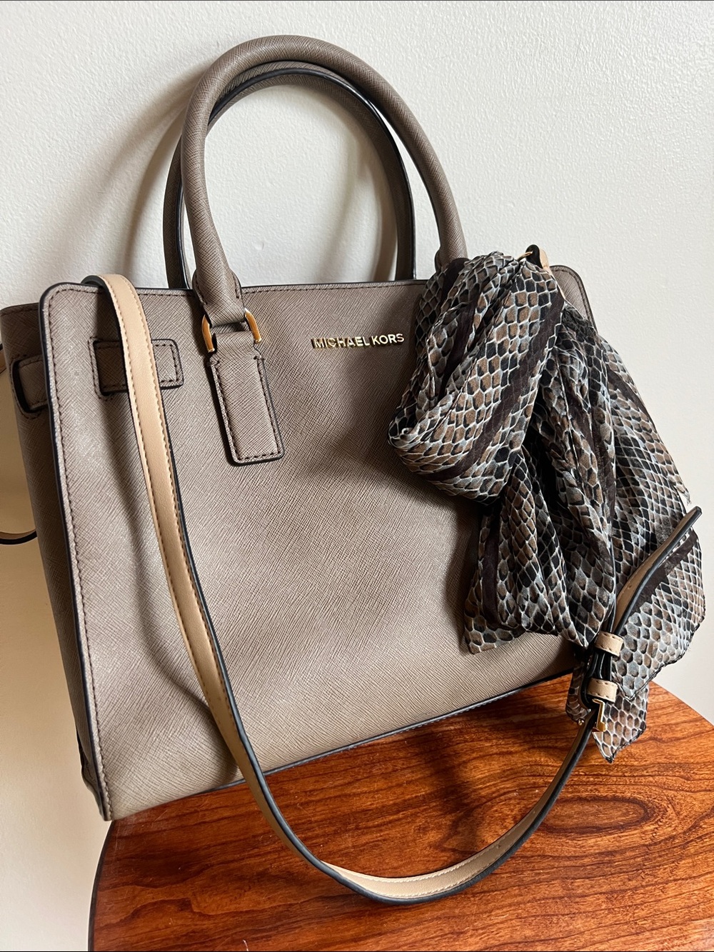 MICHAEL KORS Taupe Saffiano Satchel with added scarf and Beige Strap